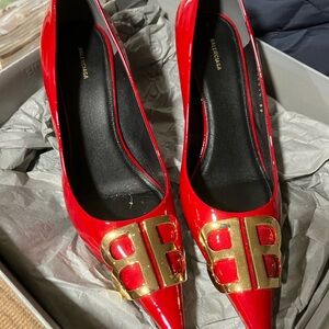 Balenciaga Red Heels with Gold Accents